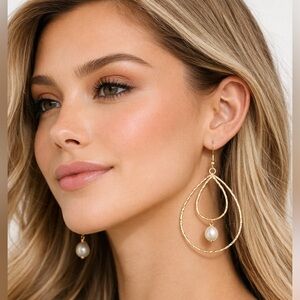 Gold Tone Double Teardrop Dangle Earrings Faux Pearl Drop Hypoallergenic